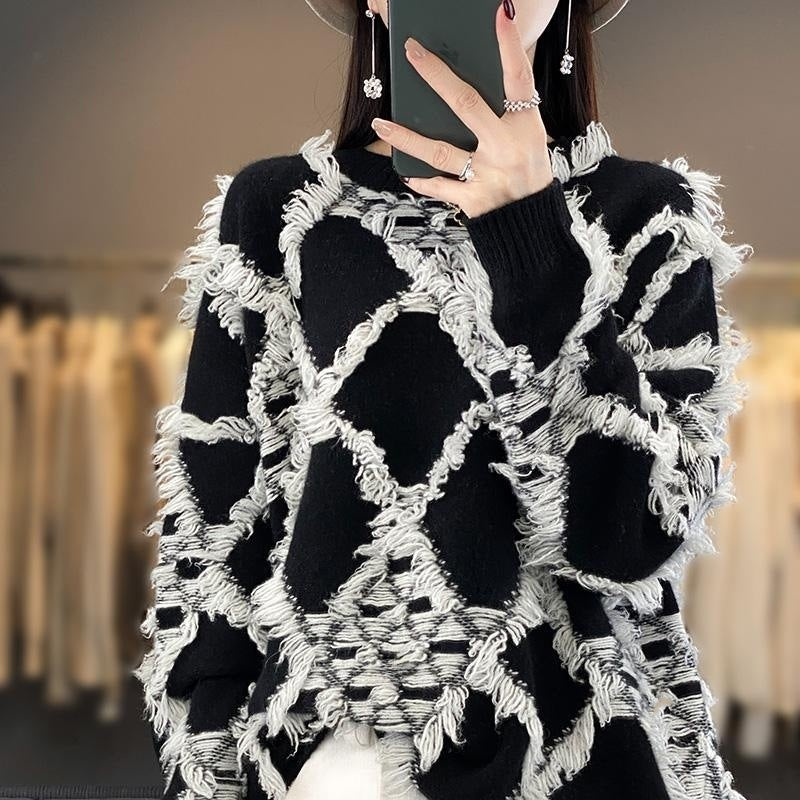 Damen Oversize-Strickpullover mit Fransen‑Diamantmuster und weicher Mohair‑Optik Drune