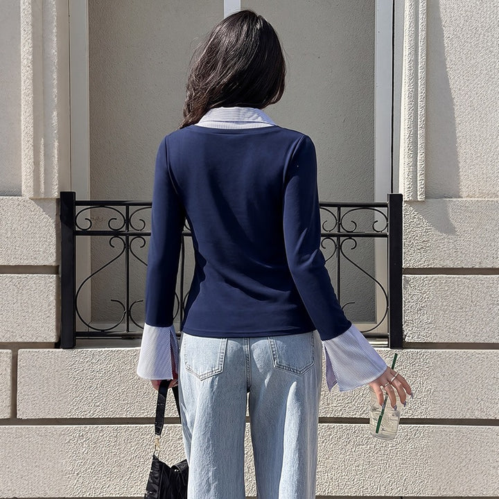 Damen Elegantes Longsleeve-Oberteil mit Hemdkragen Drune