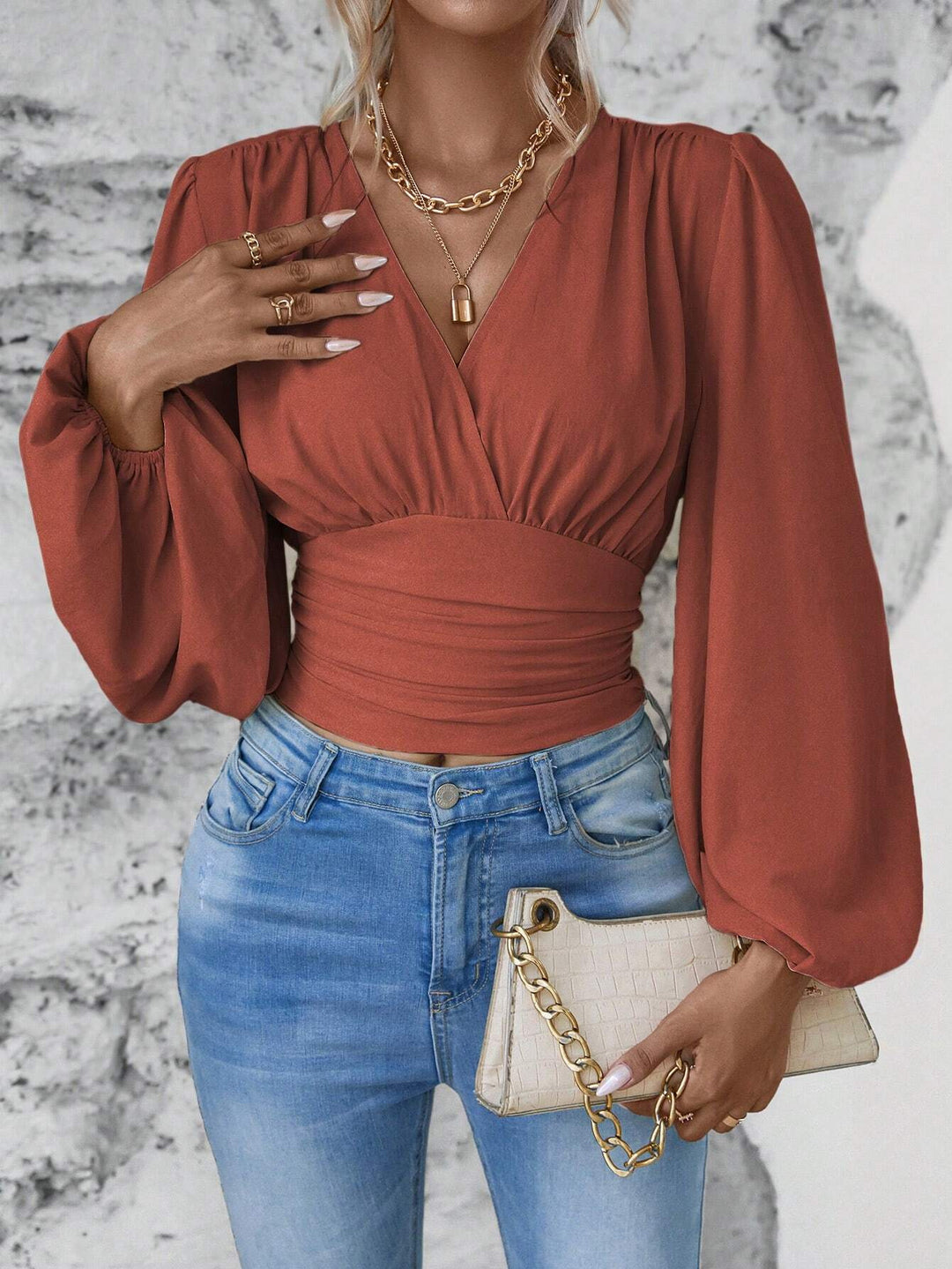 Damen Wickel-Cropped-Top mit geraffter Taillenpartie und weiten Ballonärmeln Drune