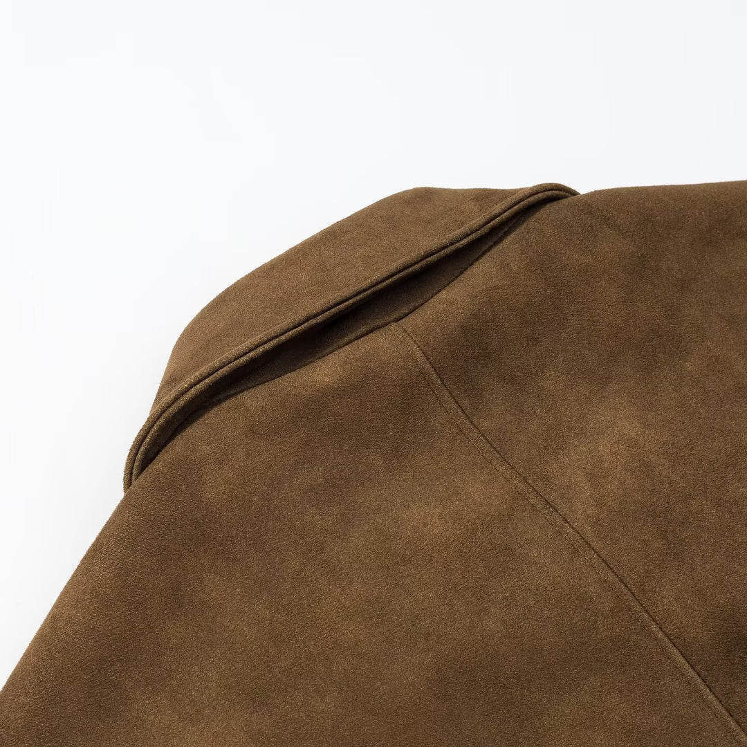Damen kurz geschnittene Veloursleder‑Optik Jacke mit Hemdkragen und Knopfleiste Drune