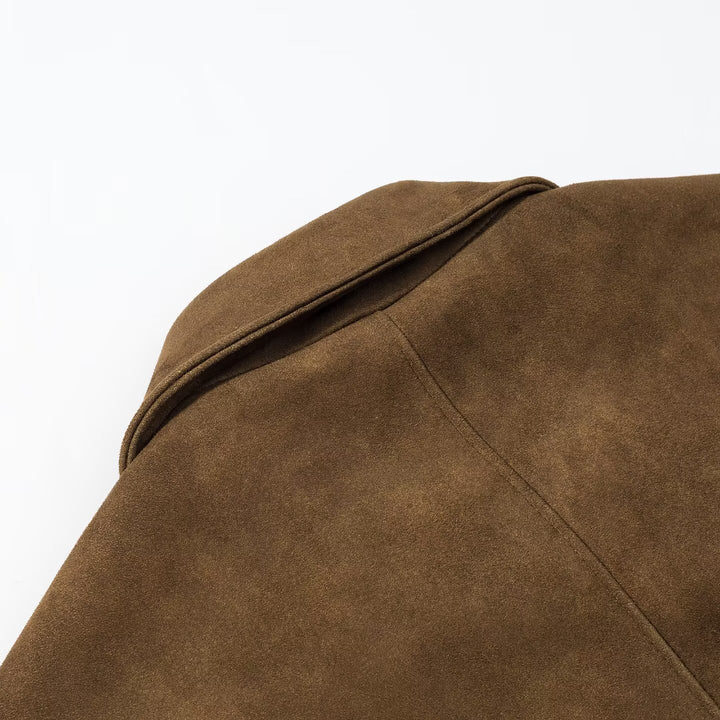 Damen kurz geschnittene Veloursleder‑Optik Jacke mit Hemdkragen und Knopfleiste Drune