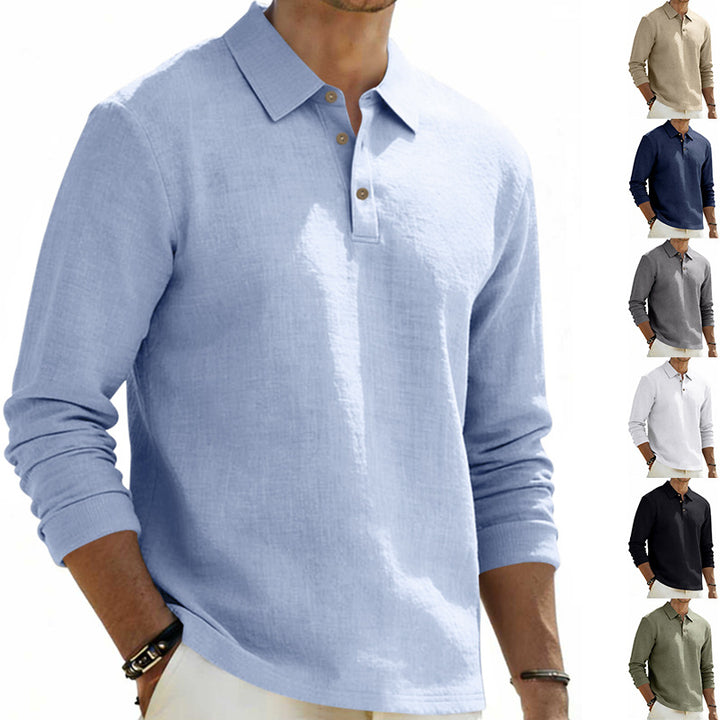 Herren nan Langarm-Poloshirt aus Leinen mit Henley-Knopfleiste und Kentkragen Drune