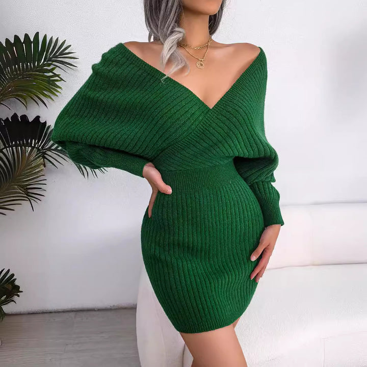 Damen Strickkleid mit tiefem V-Ausschnitt und voluminösen Ärmeln Drune