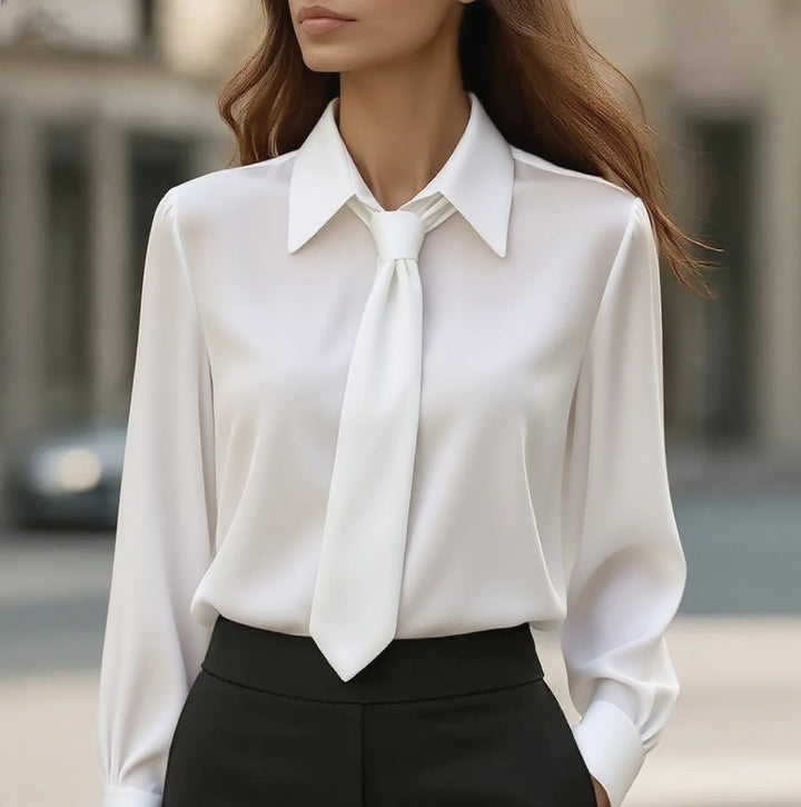 Damen Seidige Business Bluse mit Hemdkragen und integrierter Schleife Drune