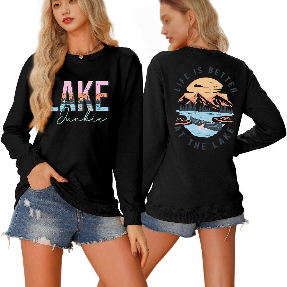 Damen Langarmshirt mit kreativem Lake-Motiv und lässiger Passform Drune