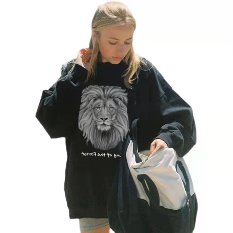 Damen nan oversized Sweatshirt mit fotorealistischem Löwenprint, Relaxed‑Fit und geripptem Rundhalsausschnitt Drune