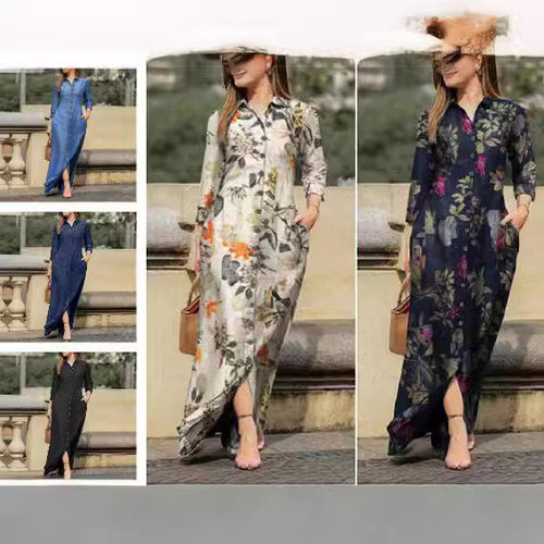 Damen Maxikleid Hemdblusenkleid mit Knopfleiste und Seitentaschen Drune