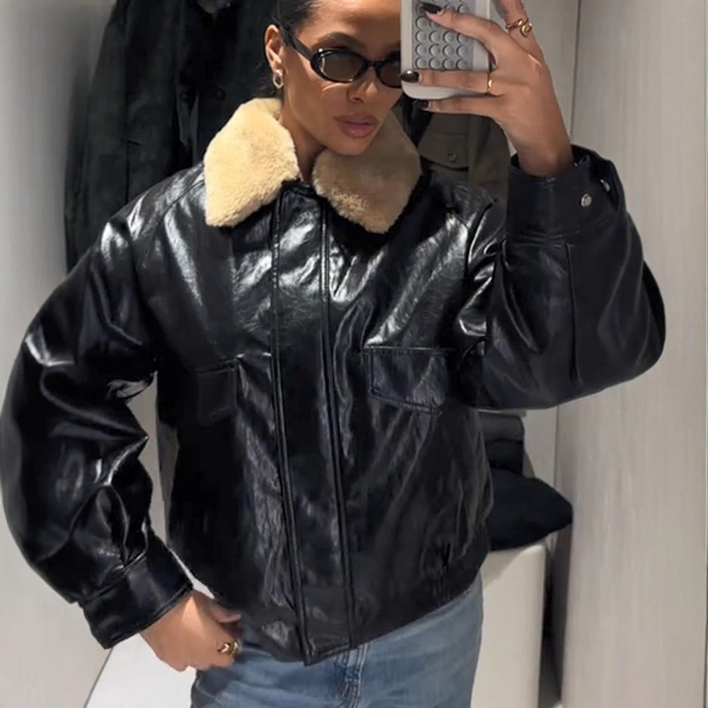 Damen Glänzende Oversize Lederimitat-Bomberjacke mit voluminösem Kunstfellkragen Drune