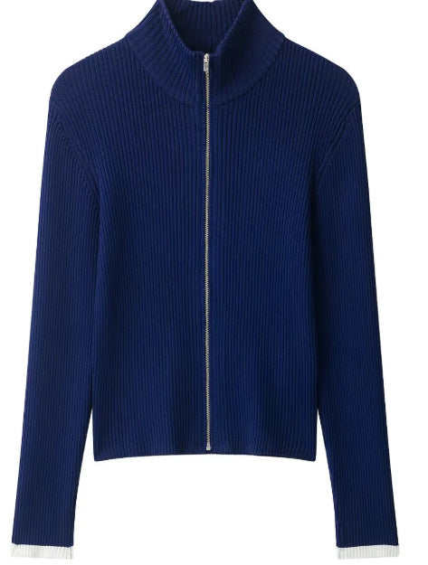 Damen Gerippter Zip-Cardigan mit Stehkragen und feiner Struktur Drune