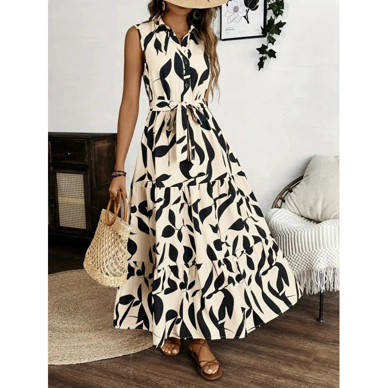 Damen Maxikleid mit geschichtetem Rock und elegantem Taillengürtel Drune