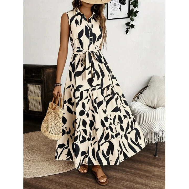 Damen Maxikleid mit geschichtetem Rock und elegantem Taillengürtel Drune