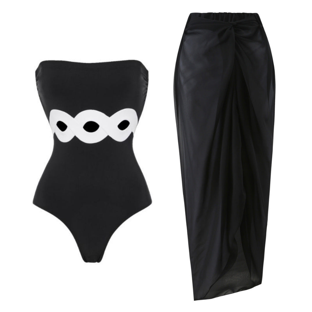 Damen eleganter V-Ausschnitt Schwimmanzug mit stilvollem Wickelrock Drune