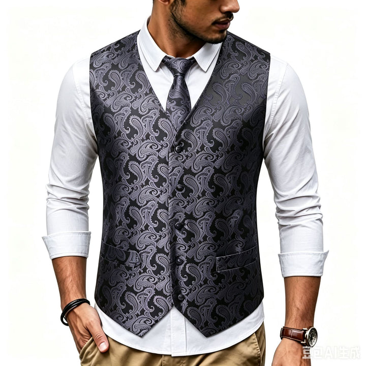 Herren Satin-Jacquard-Weste mit Paisley-Muster und passender Krawatte Drune