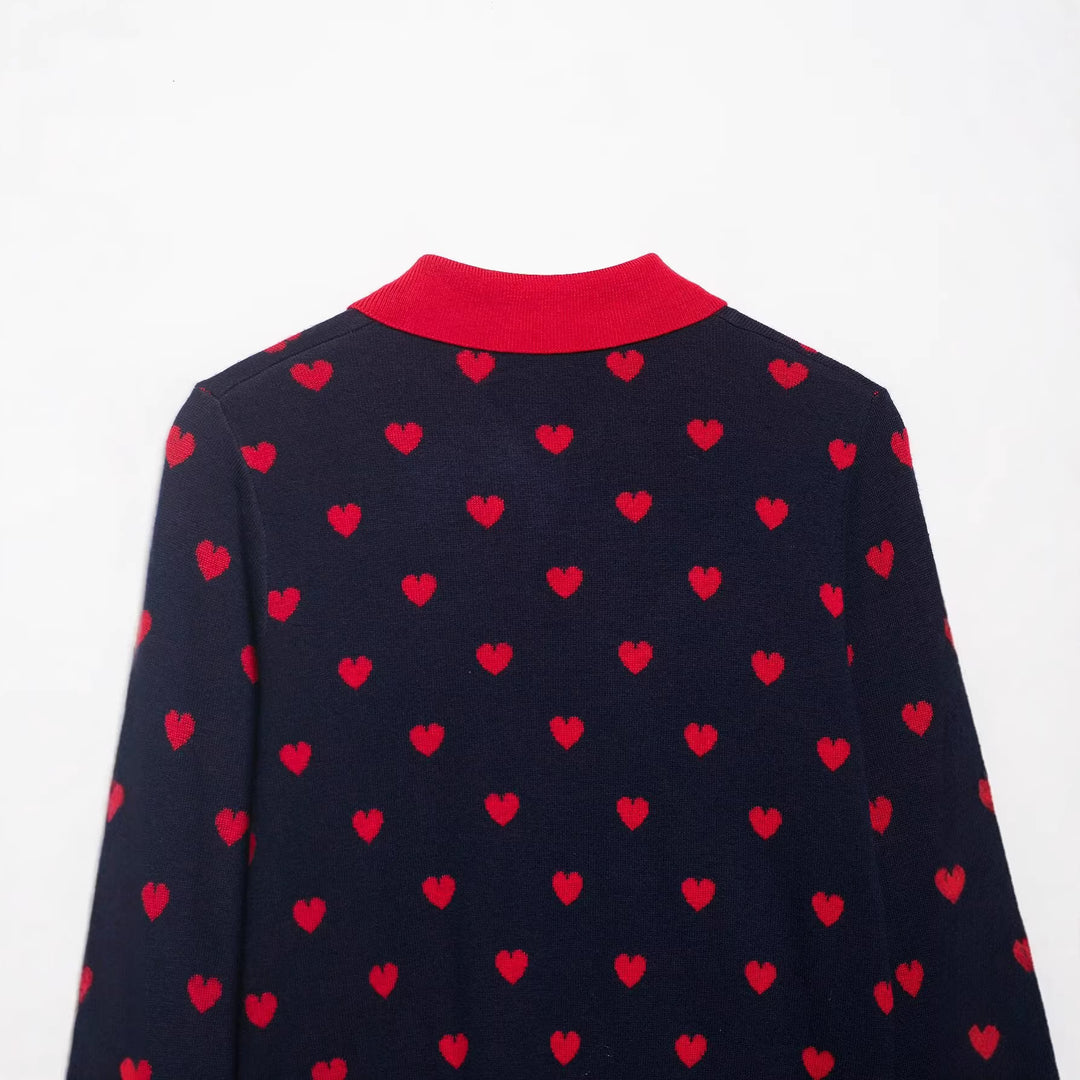 Damen Kurze Strickjacke im Cardigan‑Stil mit Herz‑Jacquard und Reverskragen Drune