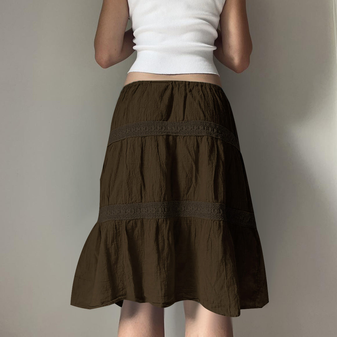 Damen nan gestufter Boho-Midirock mit elastischem Kordelbund und Häkelband-Details Drune