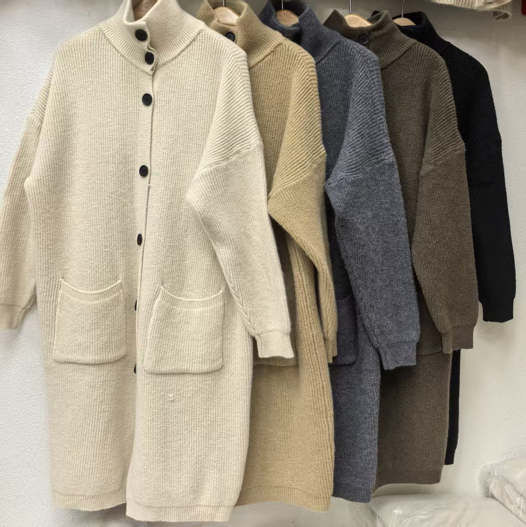 Damen Strickmantel mit großen Taschen und Knopfdetail Drune