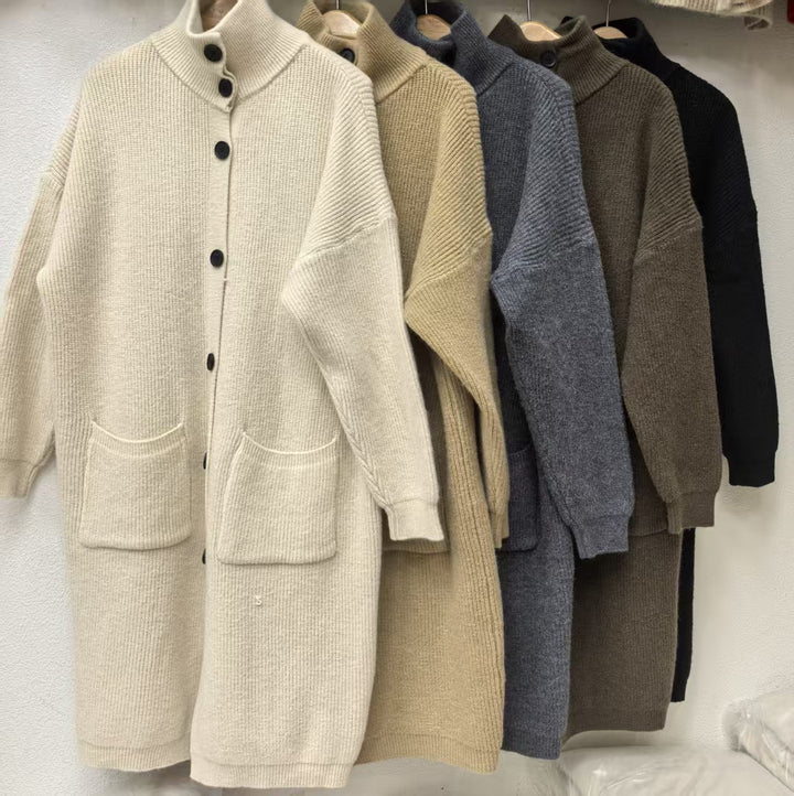 Damen Strickmantel mit großen Taschen und Knopfdetail Drune