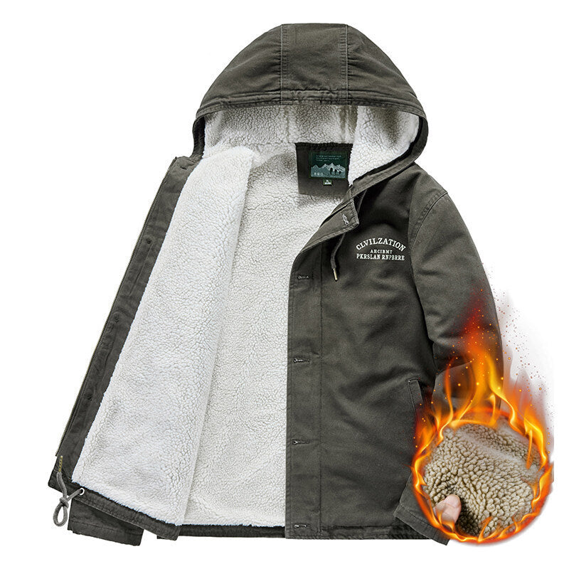 Herren Outdoor-Canvasjacke mit Voll-Sherpa-Innenfutter, Kapuze und Thermo-Isolierung Drune