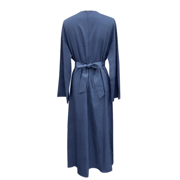 Damen Wickelmaxikleid in Leinenoptik mit Kimonoärmeln und Taillenbund Drune