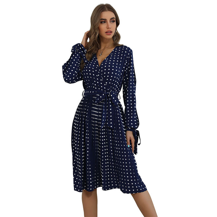 Damen Polka-Dot Wickelkleid mit V‑Ausschnitt, Bindegürtel und plissiertem Midirock Drune