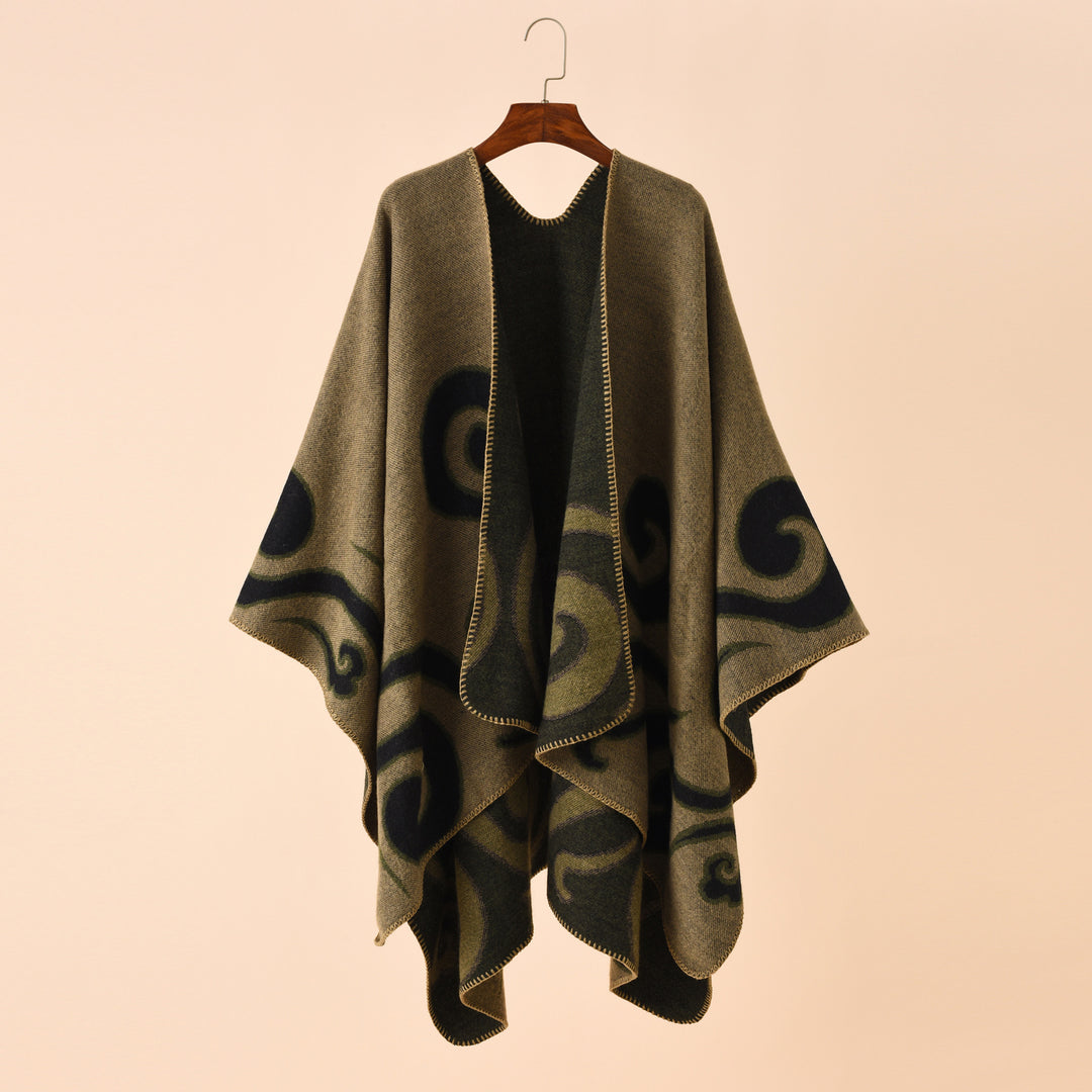 Damen Wollmix-Capeponcho im Ruana-Schnitt mit ornamentaler Intarsienstruktur Drune
