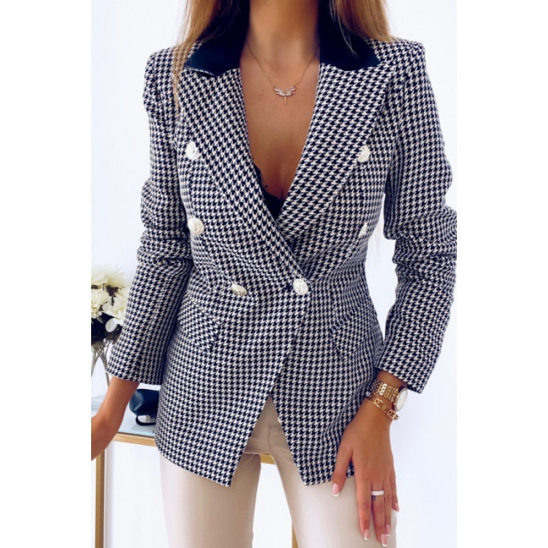 Damen Chic kariertes Blazerjackett mit doppelter Knopfreihe und taillierter Silhouette Drune
