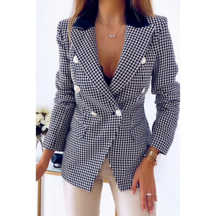 Damen Chic kariertes Blazerjackett mit doppelter Knopfreihe und taillierter Silhouette Drune