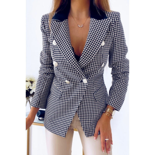 Damen Chic kariertes Blazerjackett mit doppelter Knopfreihe und taillierter Silhouette Drune