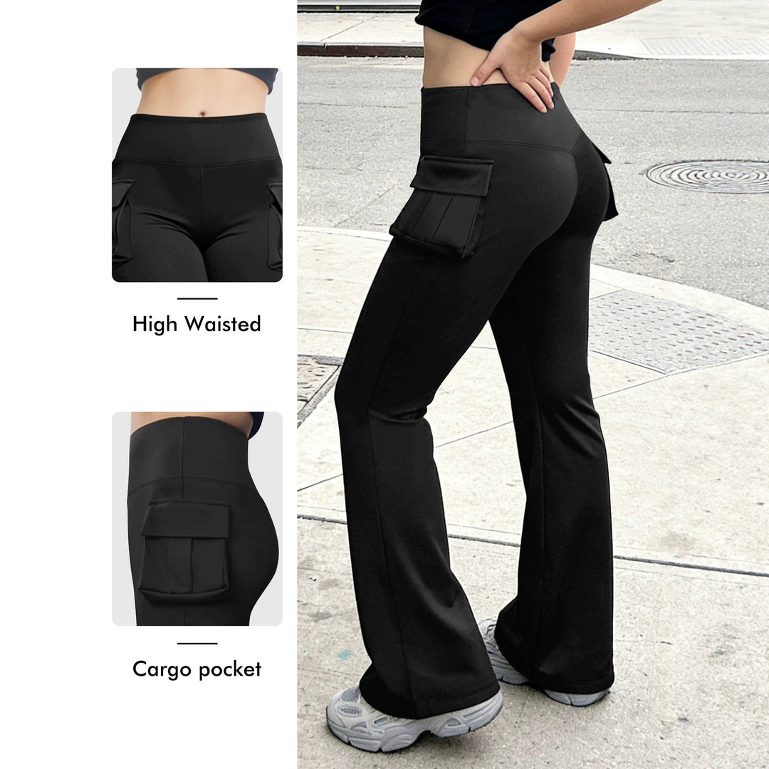Damen Cargo Flared Leggings mit hoher Taille und aufgesetzter Tasche Drune