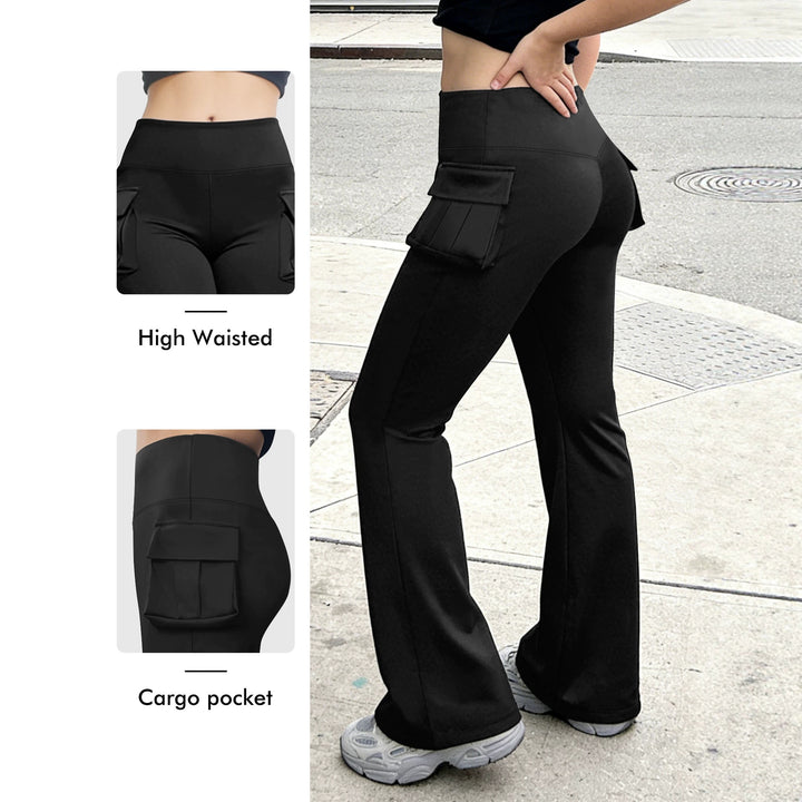 Damen Cargo Flared Leggings mit hoher Taille und aufgesetzter Tasche Drune