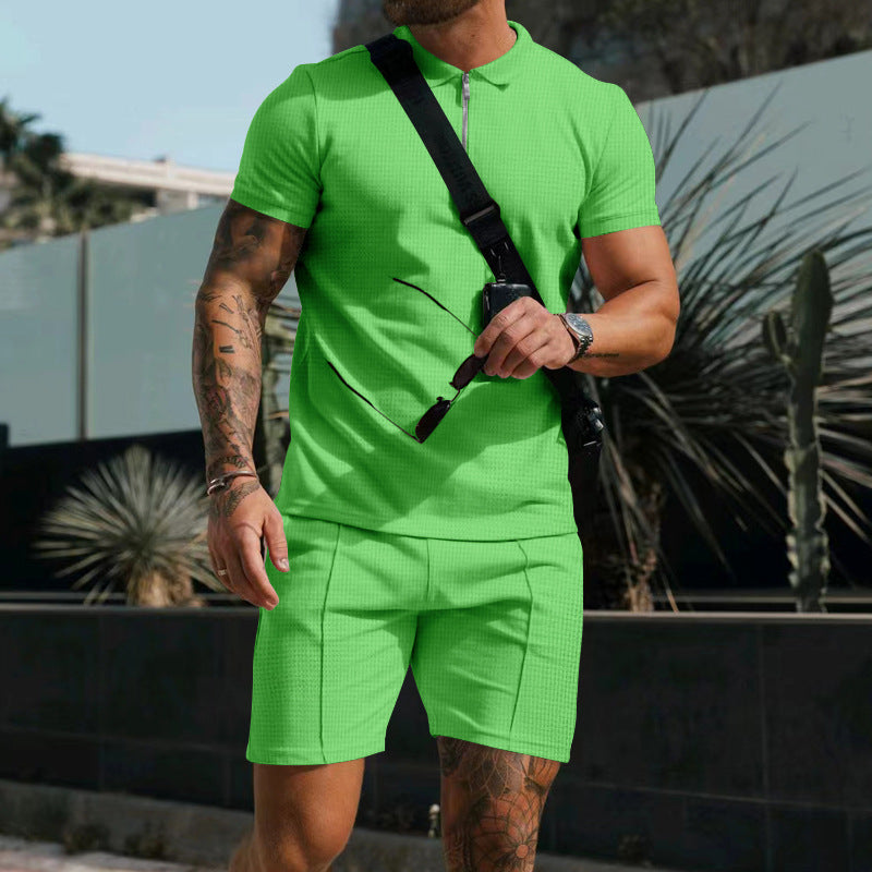 Herren nan sportives Poloshirt- und Chino-Shorts-Set mit halbem Reißverschluss, strukturiertem Jersey und dezenter Bügelfalte Drune