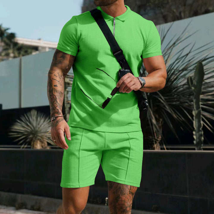 Herren nan sportives Poloshirt- und Chino-Shorts-Set mit halbem Reißverschluss, strukturiertem Jersey und dezenter Bügelfalte Drune