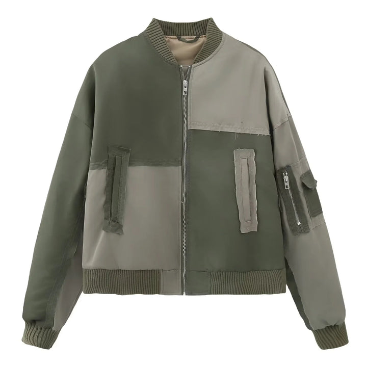 Damen nan urbaner Bomberjacke mit Kontrastpaneelen, Oversize-Silhouette, Front- und Ärmeltaschen Drune
