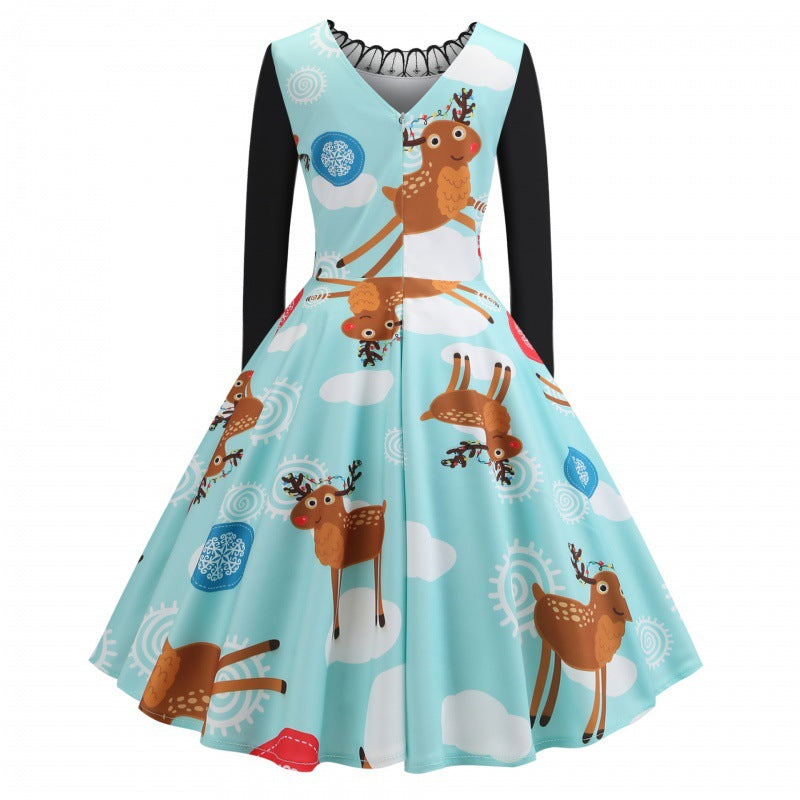 Damen Festliches Retro Swing Kleid mit Langarm A Linien Schnitt und Rentier-Print Drune