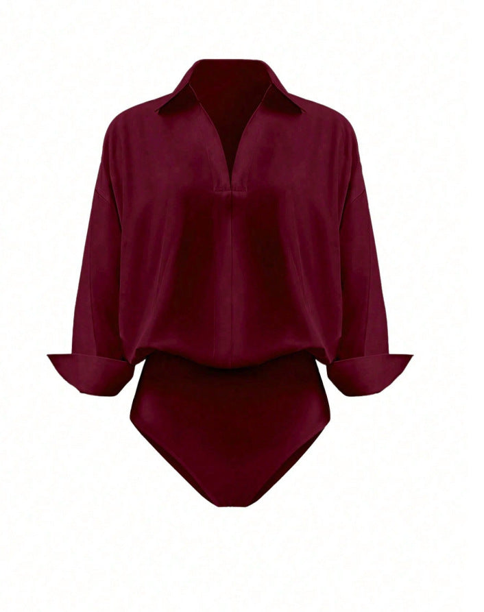 Damen Eleganter Hemdblusen-Body mit V-Ausschnitt, Oversize‑Schnitt und Umschlagmanschetten Drune