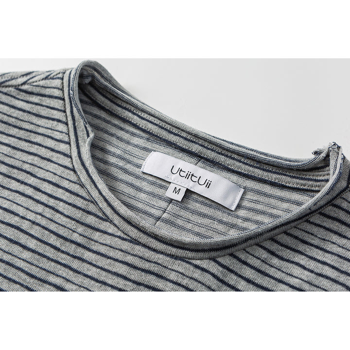 Unisex Fein gestreiftes Langarmshirt aus Baumwollmischung mit Rundhalsausschnitt Drune