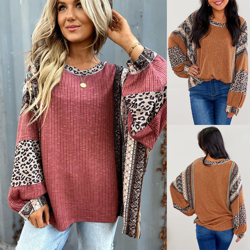 Damen Lässiges Patchwork-Longsleeve mit Rippenstruktur, Leoparden- und Boho-Print Drune