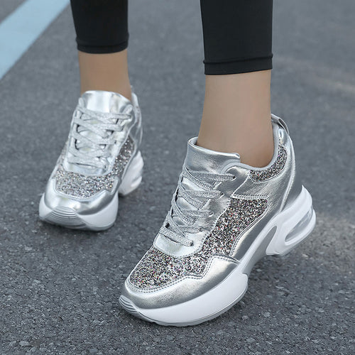 Damen nan modische Plateau-Sneaker mit Glitzerbesatz und sichtbarem Luftpolster Drune