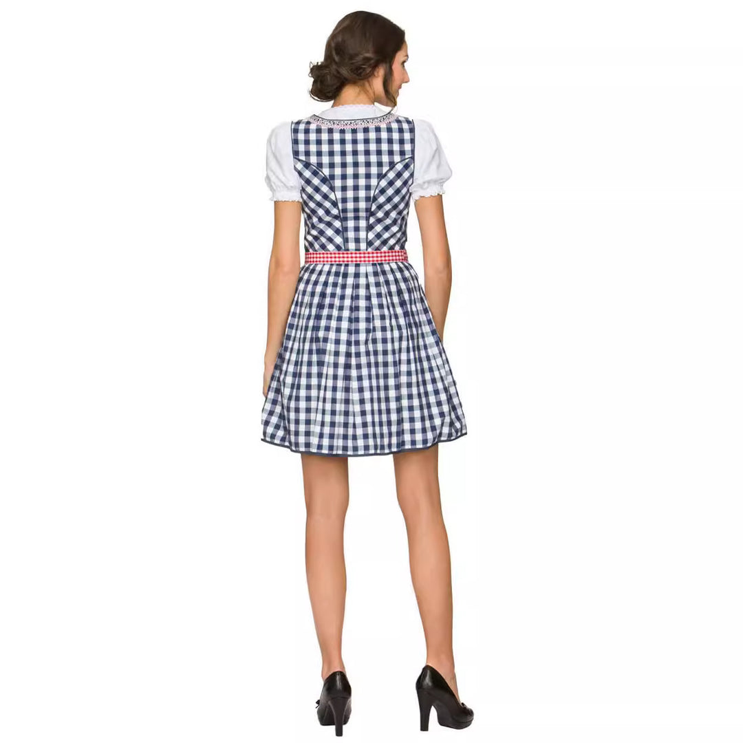 Damen  kurzes traditionelles Trachten Dirndl mit Herzausschnitt Schnürkorsett und karierter Schürze Drune