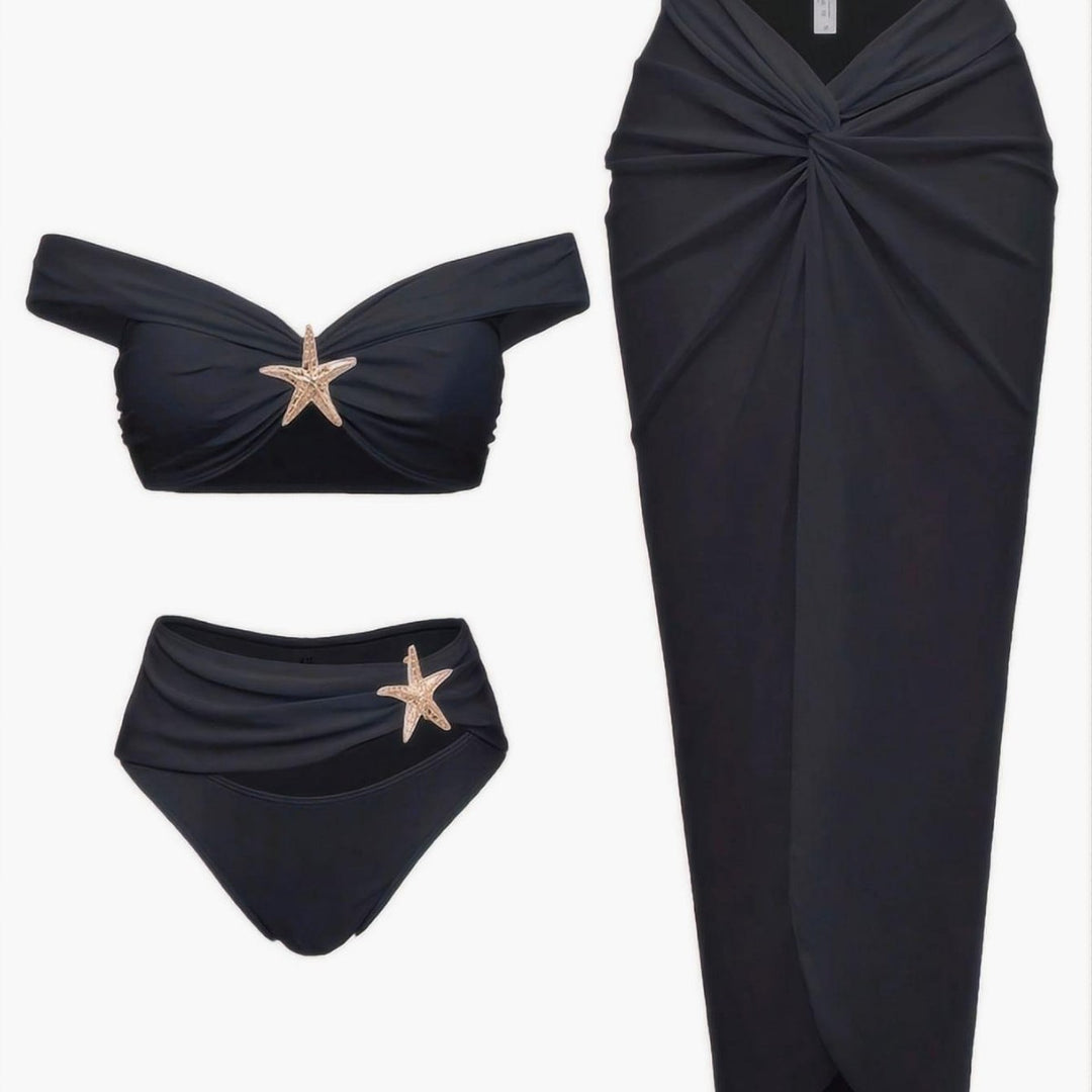 Damen Bikini-Set mit eleganter Wickelrock-Optik und modischem Stern-Applikation Drune