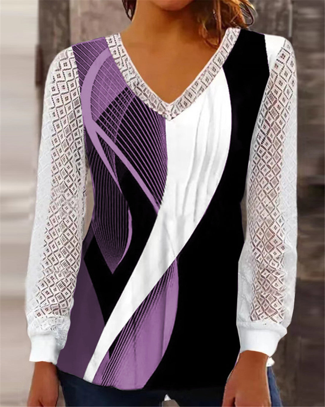 Damen V-Ausschnitt Bluse mit abstraktem Grafikprint und Spitzenärmeln Drune