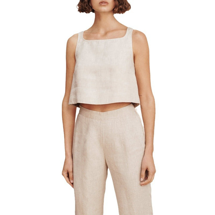 Damen lässiges Crop-Top aus hochwertigem Leinen mit geometrischem Schnitt und lockerer Passform Drune
