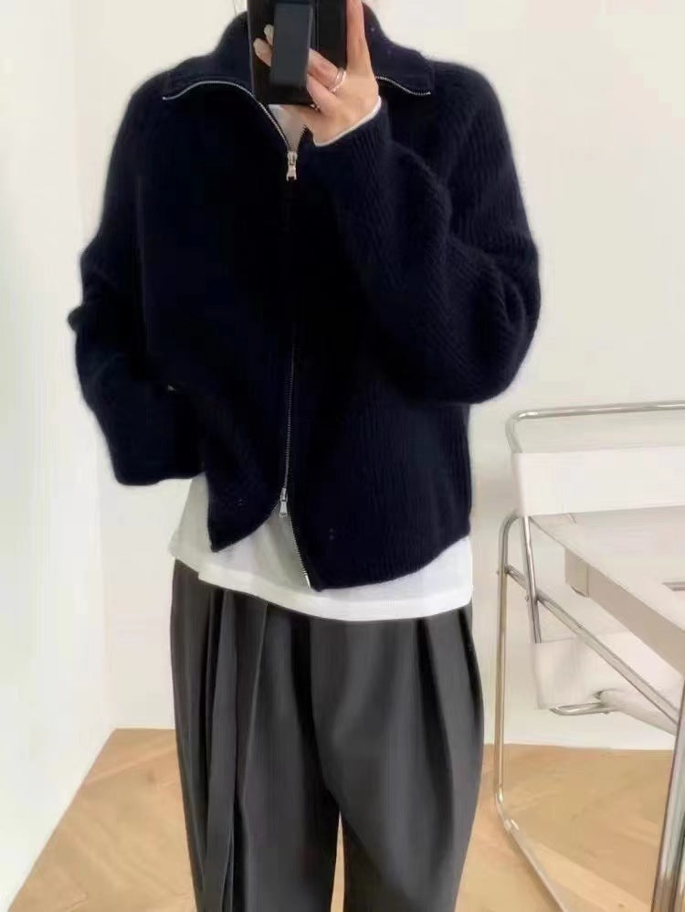 Damen Oversize-Strickjacke mit Reißverschluss, Stehkragen und gerippter Struktur Drune