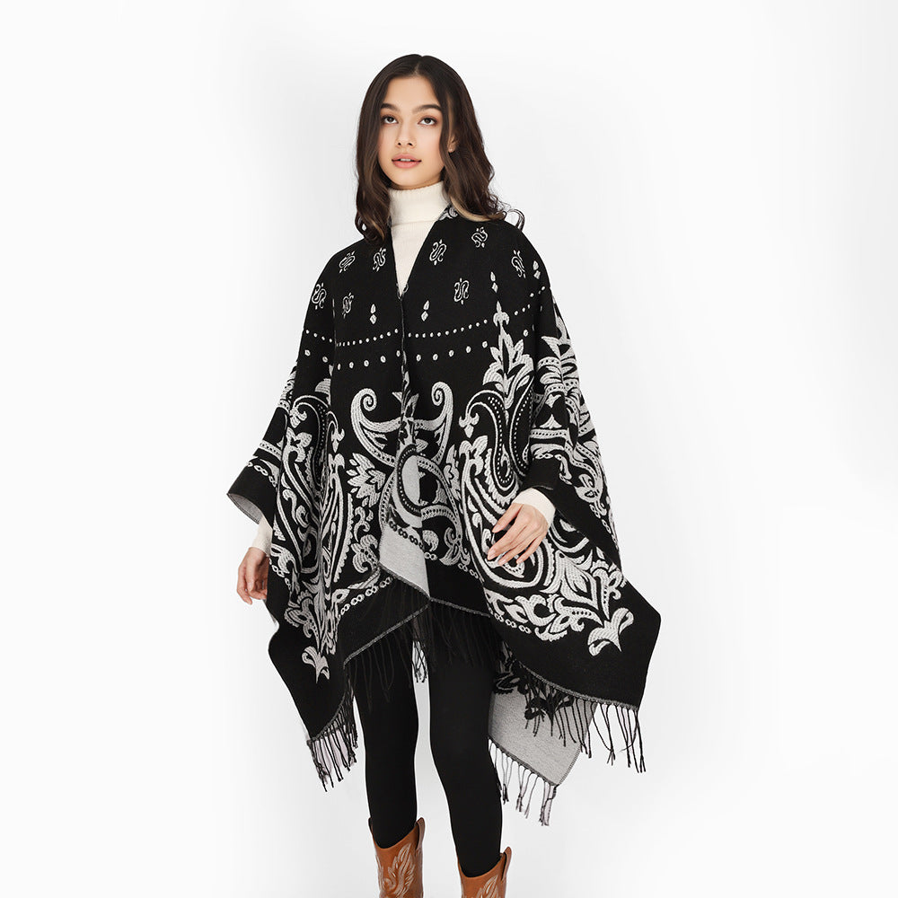 Damen Opulenter Jacquard‑Poncho im Kaftan‑Stil mit Fransen und Paisley‑Relief Drune