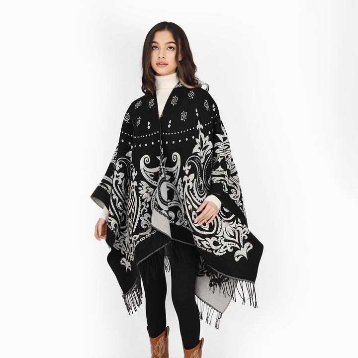 Damen Opulenter Jacquard‑Poncho im Kaftan‑Stil mit Fransen und Paisley‑Relief Drune