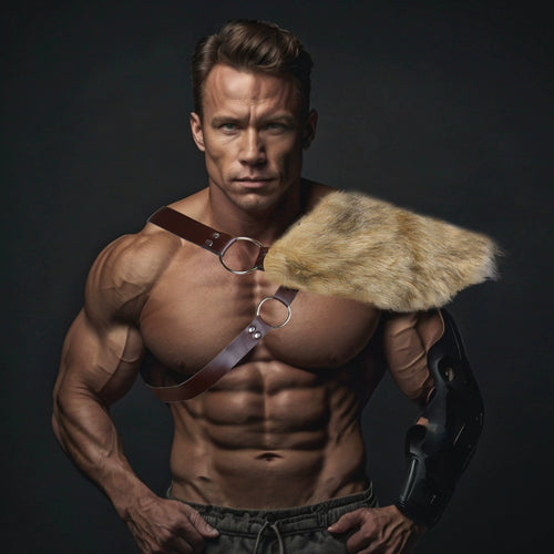 Herren dekoratives Leder‑Brustgeschirr mit abnehmbarem Kunstfell‑Schulterpolster Drune