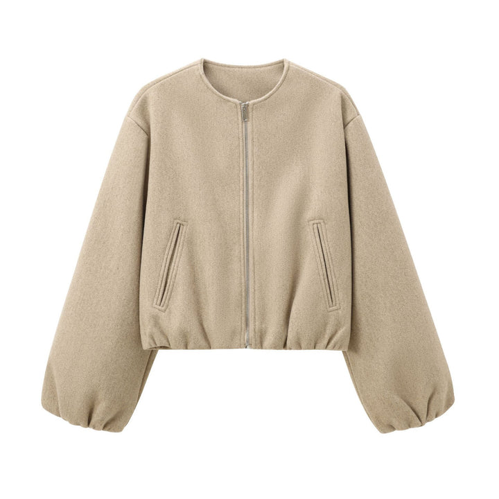 Damen Kurzer Wollmix-Bomber mit Rundhals, Reißverschluss und elastischem Saum Drune