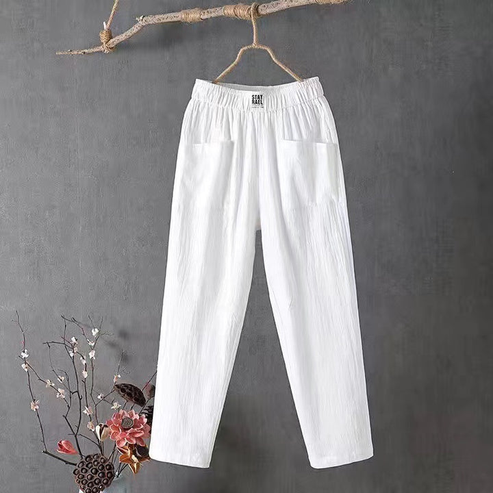 Damen nan lässige Leinenmix-Hose mit elastischem Bund, geradem Bein und großen aufgesetzten Taschen Drune