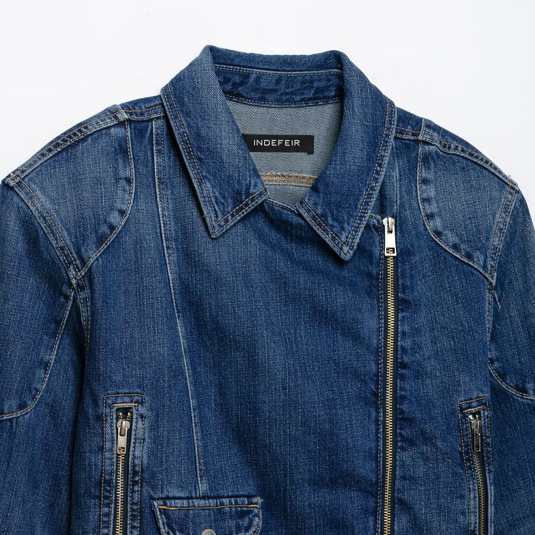 Damen Kurze Denim-Bikerjacke mit Gürtel und asymmetrischem Reißverschluss Drune