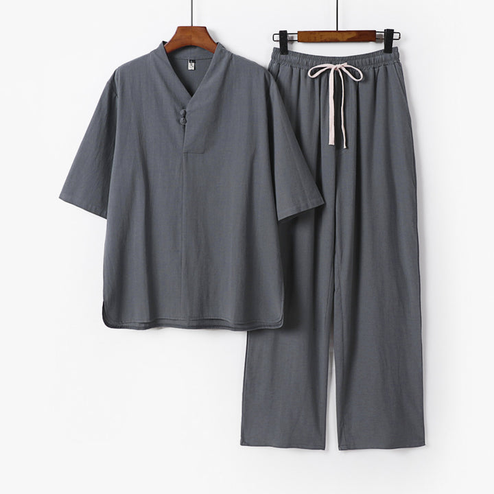 Herren Zweiteiliges Leichtes Loungewear-Set mit Stehkragen-Halbarmshirt und Kordelbund-Hose Drune